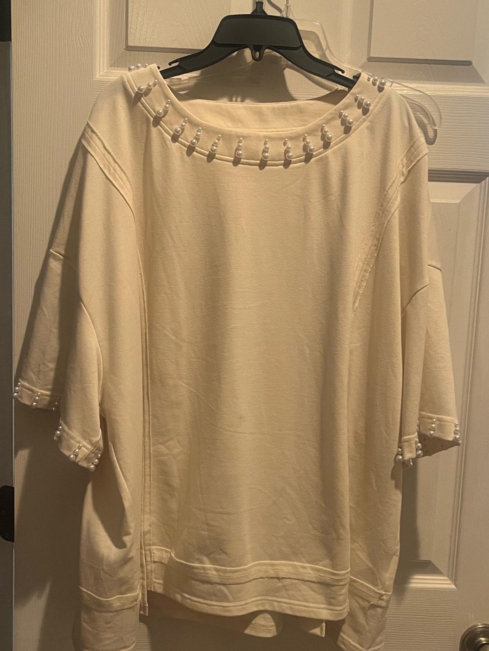 SHEIN Cream Pearl-Trim Drop Shoulder Top